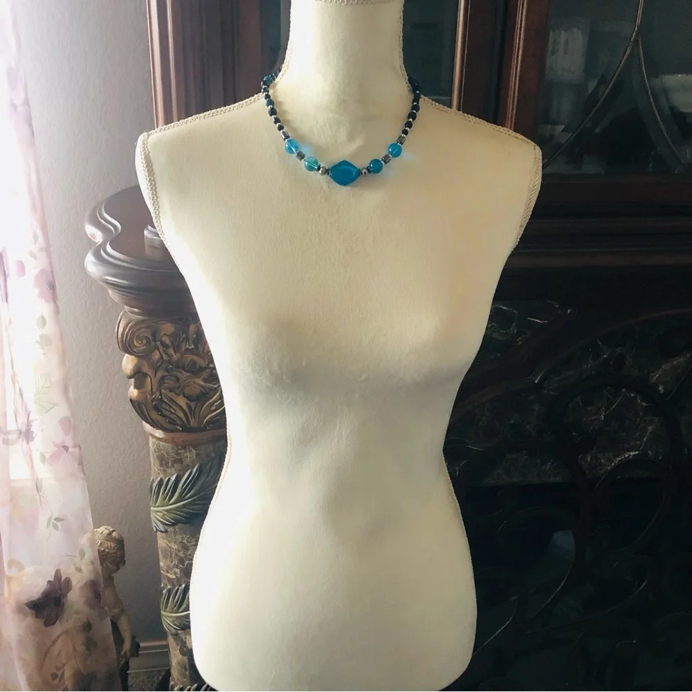 Handcrafted repurpose glass apatite agate hematite stone beaded necklace